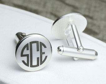 Custom Cufflinks in Sterling Silver, Groom Cufflinks, Monogram Wedding Husband Groomsmen Gift For Him, Round Personalized Initial Cufflinks