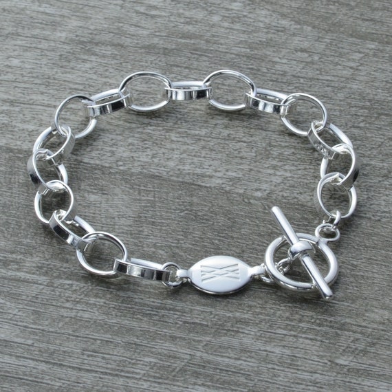 Sterling Silver Charm Bracelet Chunky Rolo Link Toggle Bracelet