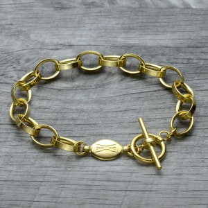 Gold Charm Bracelet, 18k Gold Vermeil Toggle Bracelet, Italian Gold Plated Rolo Charm Bracelet, Chunky Chain Bracelet, Toggle Clasp Closure