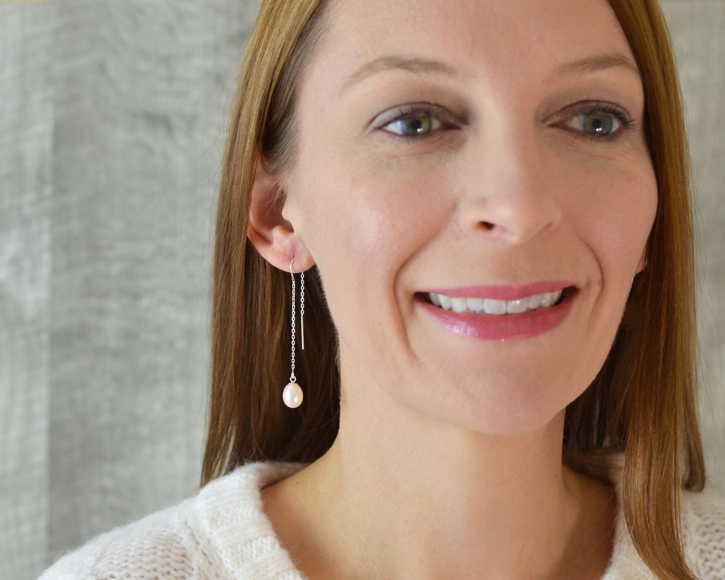 Pearl Threader Earrings Long Pearl Earrings Silver Chain Etsy