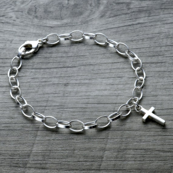 Christian Faith Inspired Green Cross Charm Bracelet Silver Chain,  Anti-Allergic Jewelry