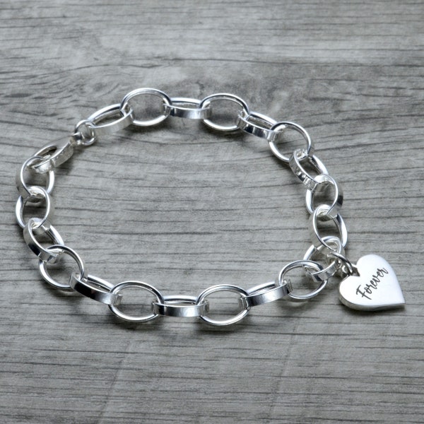 Personalized Heart Charm Bracelet, Sterling Silver Charm Bracelet, Engraved Initial Bracelet, Chunky Chain Bracelet, Lobster Clasp