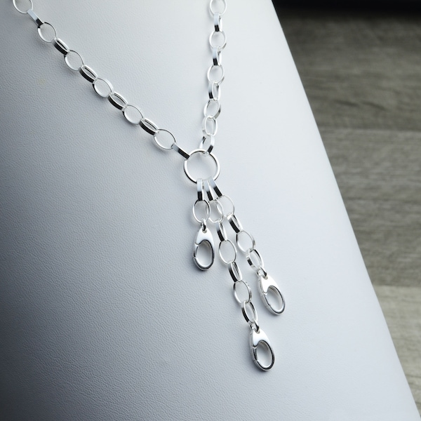 Sterling Silver Charm Necklace, 3 Charm Holder Stations, Rolo Link, Multi Charm, Chunky Pendant Necklace, Thick Silver Chain Necklace