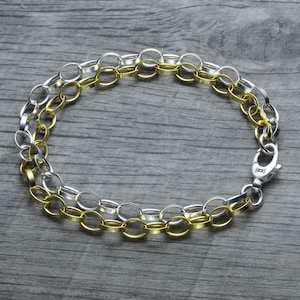 Layered Yellow Gold Sterling Silver Charm Bracelet, Mixed Metal Jewelry, Vermeil Charm Bracelet, Chunky Chain Bracelet, Thick Chain Bracelet