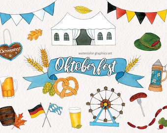 Oktoberfest Watercolor Clipart Set – Bavarian Festival, Beer, Pretzel (PNG Instant Download)