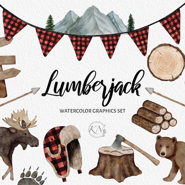 Lumberjack Theme Watercolor Clipart - PNG Instant Download - Buffalo Plaid - Bear - Moose - Mountains - Adventure - Baby Shower - Baby Boy