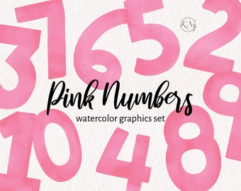 May include: Pink watercolor numbers 0-9. Watercolor graphics set.