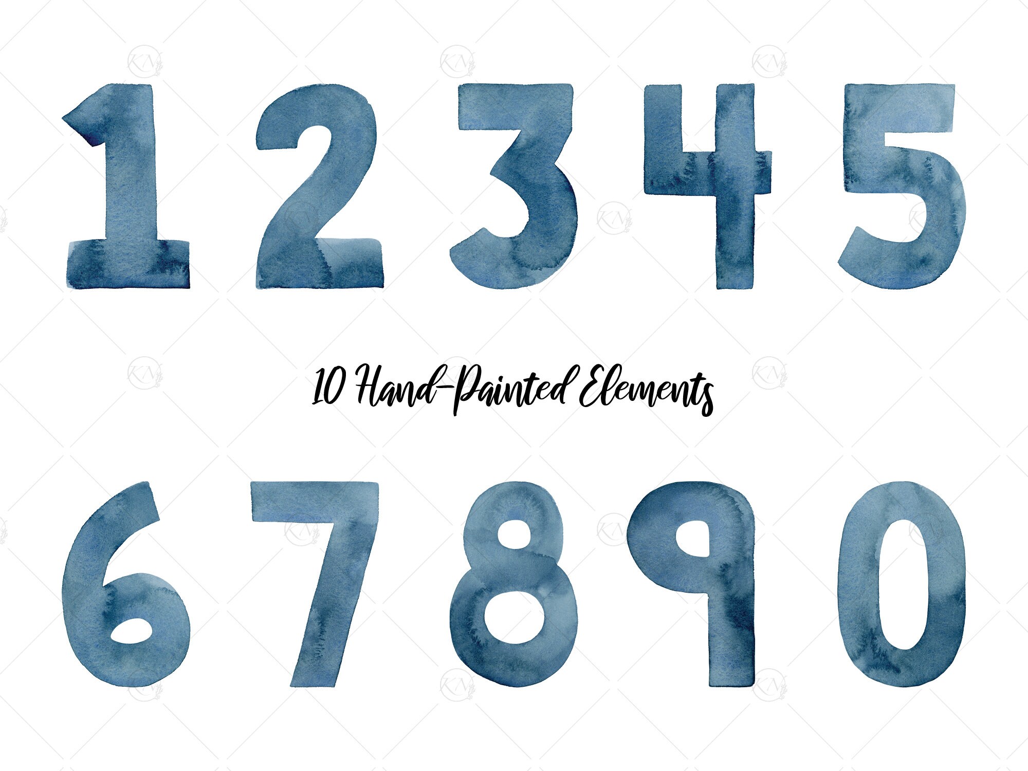 Indigo Watercolor Numbers Clipart - Hand-painted Graphics (PNG Digital ...