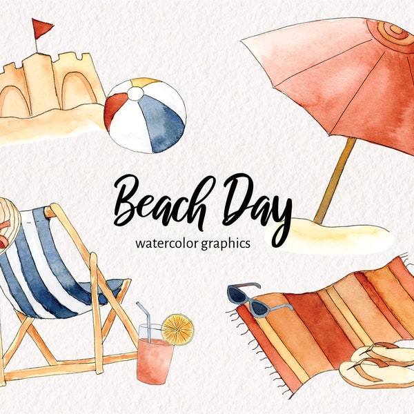 Watercolor Beach Day Clipart - PNG Instant Download - Summer - Vacation - Sun - Sand - Beach Ball - Umbrella