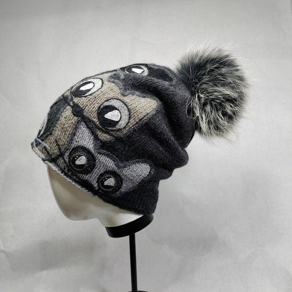 Cat Motif Beanie "Funny Сats" dark gray, Unisex beanie, Intarsia Felting beanie - Cat Design Hat - Novelty Cat Beanie - Gifts for Friends