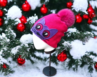 Hand-knitted Hat "Funny Violet Cat" Raspberry color with fleece,  Beanie with pompom Intarsia technique, all sizes