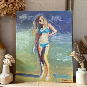 Girl on a Beach Signed Oil Painting, Original Oil on Board, Modern Style, Vintage Decor