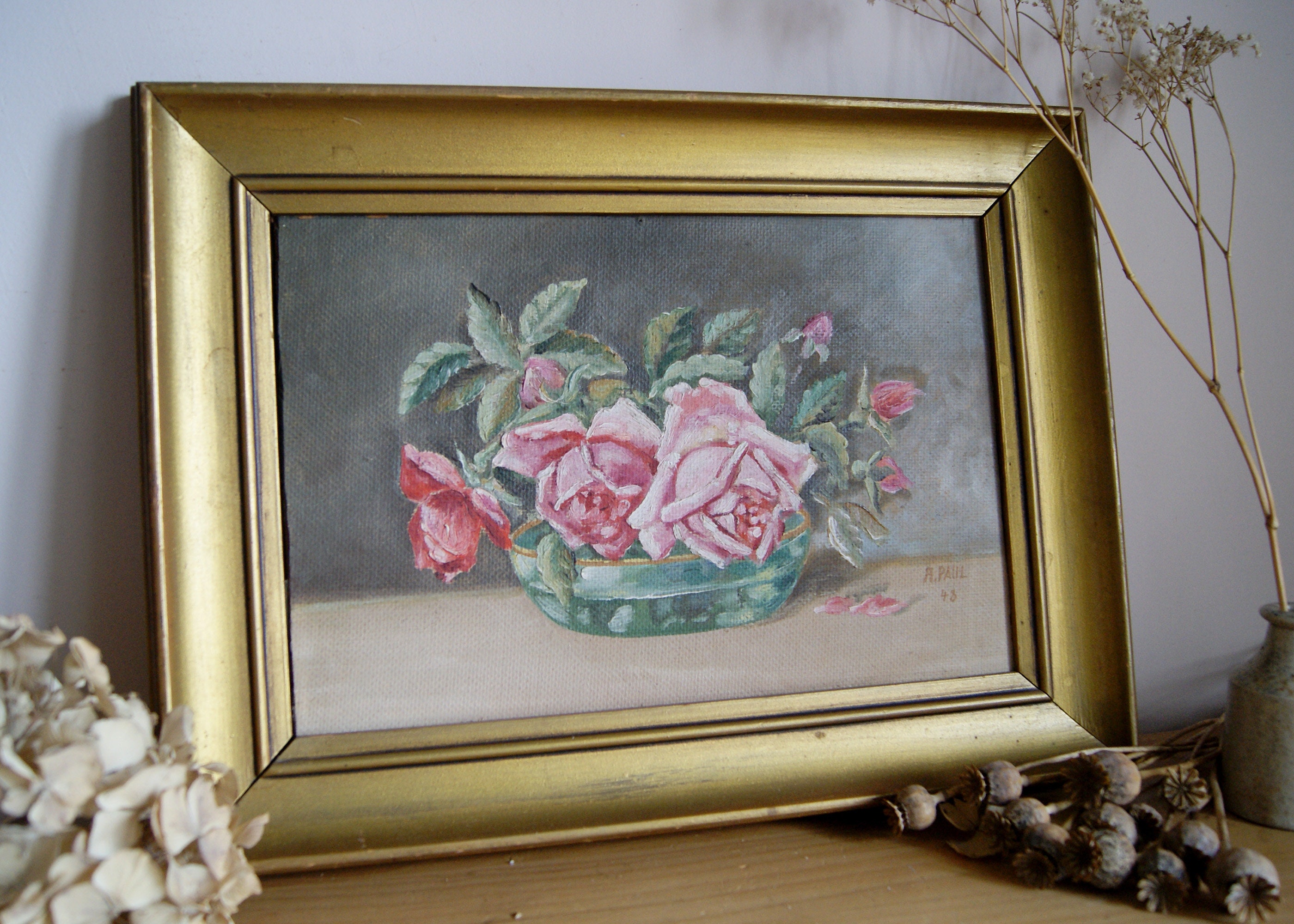 Signed Oil Painting Pink Rose Still Life Gold Frame Vintage | Etsy