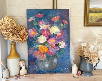 Pink Flowers Oil Painting, Oil on Board, Impasto Art, Vintage Decor