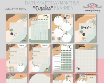 Circles Undated Planner Printable | Daily Weekly Monthly Planner PDF, Letter and Half Letter Size, 49 Pages with Matching Stickers