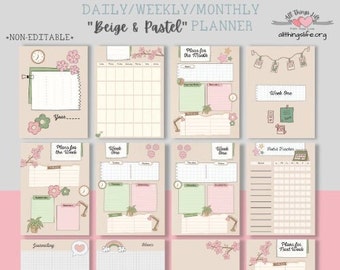 Beige Pastel Undated Planner Printable | Daily Weekly Monthly Planner PDF, Letter and Half Letter Size, 49 Pages with Matching Stickers