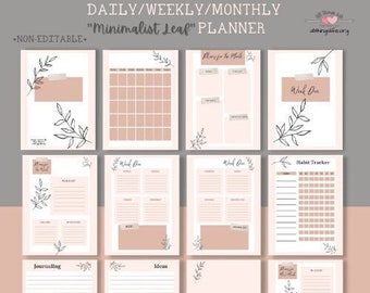 Minimalist Leaf Undated Planner Printable | Daily Weekly Monthly Planner PDF, Letter and Half Letter Size, 49 Pages with Matching Stickers