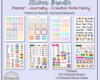 Journal and Planner Sticker Bundle, Printable | 11 Colorful Sheets, Habit Tracker, Monthly Calendar, To Do List | PDF PNG SVG Cricut