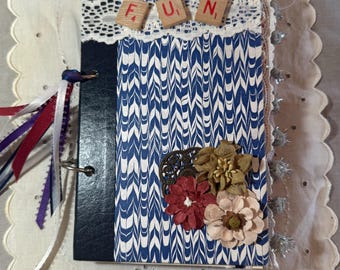 Handmade Junk Journal with Upcycled Vintage Book Cover | Navy Blue Marbled, Scrabble FUN Letters | 60 Pages, Pockets, Ring Bound