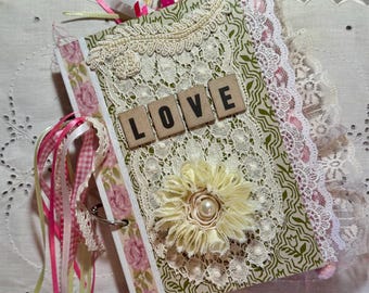 Handmade Junk Journal with Upcycled Vintage Book Cover | Pink and Cream Lace, LOVE Cover | 70 Pages, Pockets, Ring Bound