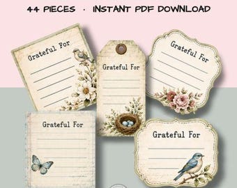 Grateful For Stickers Printable, Birds and Butterflies | Gratitude Journal Stickers, Bible Journaling Ephemera, 44 Pieces, PDF