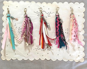 Handmade Ribbon Tassel Charm for Junk Journal, Planner or Purse | Lace, Sequins and Beads | Choose One of 5 | Lobster Clasp Bag Charm