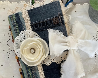 Handmade Denim Junk Journal, One of a Kind | Upcycled Jeans, Vintage Lace, Beaded Spine | Hand Sewn Signatures, Tabs and Pockets