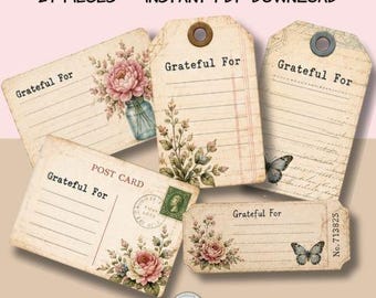 Grateful For Stickers Printable, Vintage Notecard Design | Gratitude Journal Stickers, Junk Journal Ephemera, Die Cuts, 27 Pieces, PDF
