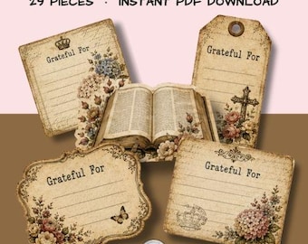 Grateful For Stickers Printable, Vintage Sepia | Gratitude Journal Stickers, Bible Journaling Ephemera, Word Stickers, 29 Pieces, PDF