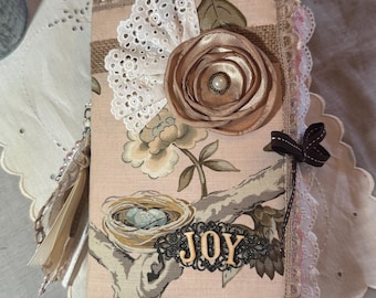 Handmade Junk Journal, One of a Kind | Designer Fabric Cover, Vintage Lace and Pearls | Hand Sewn, 76 Pages, 17 Tags, Fold Outs