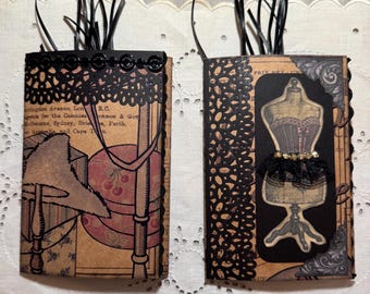 Victorian Dressmaker Junk Journal Folio Set of 2, Handmade Mini Tri-Fold Tag and Pocket Folios, One of a Kind Gothic Sewing Ephemera