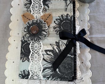 Handmade Sunflower Junk Journal 6x9, Fabric Cover, Sewn Signatures, Vintage French Floral, Loaded with Pockets Tags and Foldouts