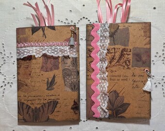 Vintage Botanical Junk Journal Folio Set of 2, Handmade Mini Tri-Fold Tag and Pocket Folios, Victorian Shabby Chic Ephemera Journal