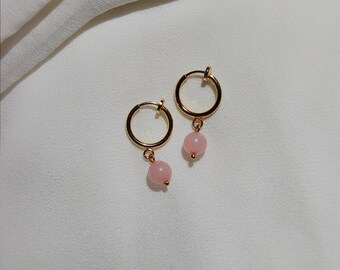 Clip on earrings, Rose quartz earrings, dainty dangle earrings, hypoallergenic, nickel free, bead huggie earrings, stone dangle earrings