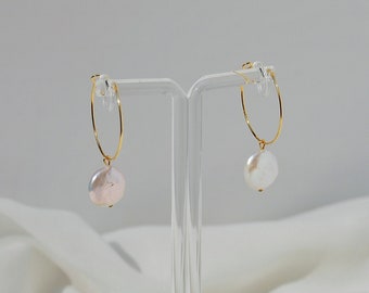 Invisible clip on earrings, coin pearl earrings, large pearl hoop earrings, pearl charm hoop earrings, pearl drop hoops, nickel free