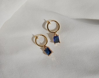 Clip on earrings, Sapphire huggie hoop earrings, hypoallergenic, blue huggie earrings, huggie charm earrings, dainty dangle earrings, gold