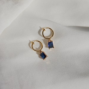 Clip on earrings, Sapphire huggie hoop earrings, hypoallergenic, blue huggie earrings, huggie charm earrings, dainty dangle earrings, gold