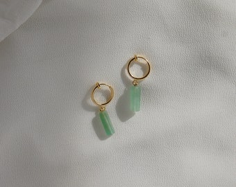 Clip on earrings, Emerald charm earrings, hypoallergenic, aventurine earrings, rectangle charm earrings, dainty huggie earrings,  trendy