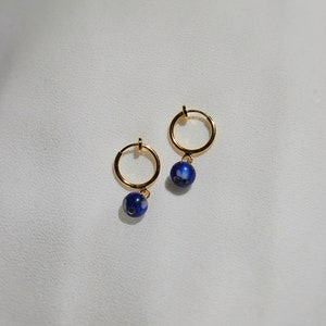 Clip on earrings, Blue bead earrings, dainty dangle earrings, hypoallergenic, nickel free, bead huggie earrings, stone dangle earrings, boho image 3