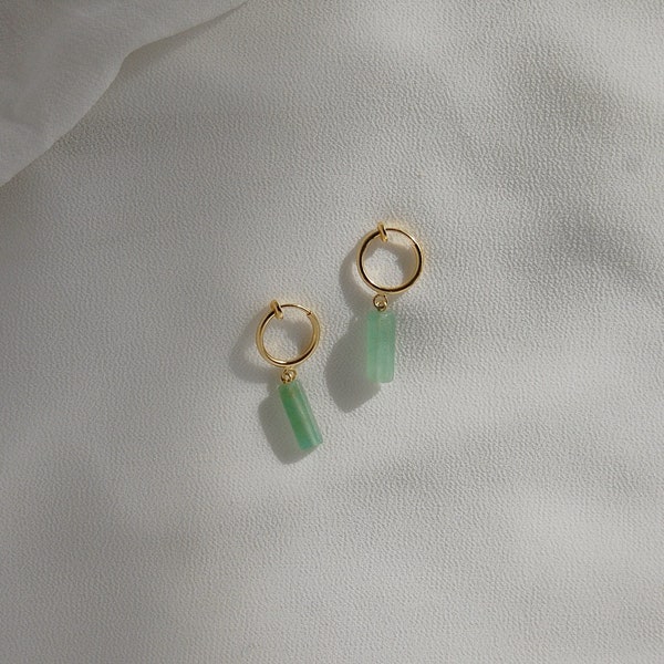 Clip on earrings, Emerald charm earrings, hypoallergenic, aventurine earrings, rectangle charm earrings, dainty huggie earrings,  trendy