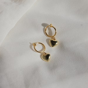 Clip on earrings, Gold heart huggie earrings, hypoallergenic, nickel free, puffy heart earrings, heart dangle earrings, dainty heart earring image 1