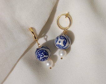 Clip on earrings, porcelain and pearl earrings, porcelain hoop earrings, blue and pearl earrings, pearl huggies, hypoallergenic, nickel free