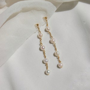 Clip on earrings, Freshwater pearl dangle earrings, pearl chain earrings, tiered pearl earrings, bridal earring, hypoallergenic, nickel free image 2