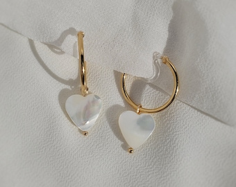 Invisible clip on earrings, mother of pearl heart earrings, shell heart earrings, heart dangle hoop earring, heart drop earring, nickel free