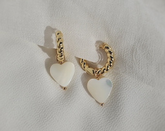 Clip on earrings, shell heart earrings, heart huggie earrings, mother of pearl huggies, dainty dangle earrings, nickel free, hypoallergenic