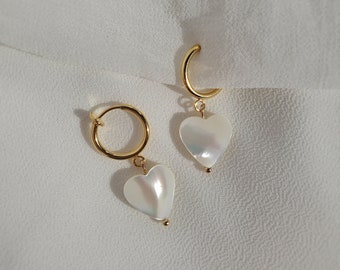 Clip on earrings, shell heart earrings, pearl heart earrings, heart huggie earrings, charm huggies, dainty dangle earrings, nickel free