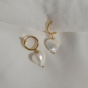 Clip on earrings, shell heart earrings, pearl heart earrings, heart huggie earrings, charm huggies, dainty dangle earrings, nickel free