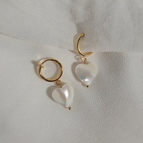 Clip on earrings, shell heart earrings, pearl heart earrings, heart huggie earrings, charm huggies, dainty dangle earrings, nickel free