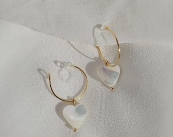 Invisible clip on earrings, mother of pearl heart earrings, shell heart earrings, heart dangle hoop earring, heart drop earring, nickel free