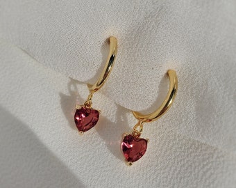 Clip on earrings, red heart huggies, CZ heart earrings, ruby heart earrings, huggie charm earrings, dainty dangle earrings, nickel free
